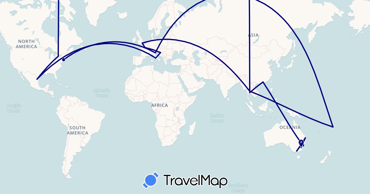 TravelMap itinerary: driving in Australia, China, Fiji, France, United Kingdom, Croatia, Italy, Mexico, Thailand, United States (Asia, Europe, North America, Oceania)